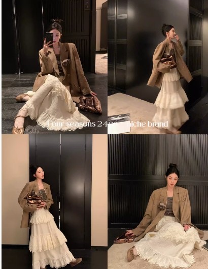 区区欧阳 重工蕾丝蛋糕半身裙女春季高腰显瘦蓬蓬裙子中长款A字裙