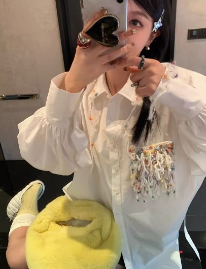 区区欧阳流苏白色衬衫女春季新款设计感小众长袖宽松衬衣腰带上衣